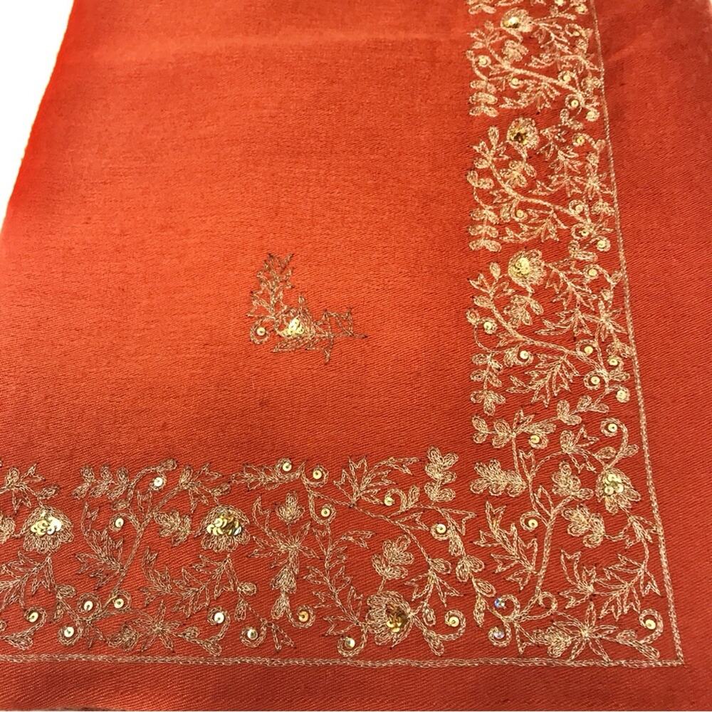 Pashmina Cashmere Blanket Scarf Wrap Orange Gold Embroidered Thread & Sequin - Picture 9 of 12